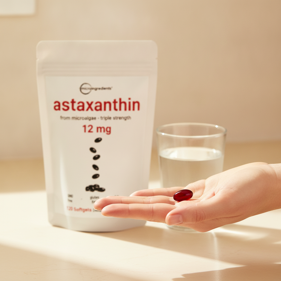 Una softgel roja de astaxantina en la palma de la mano