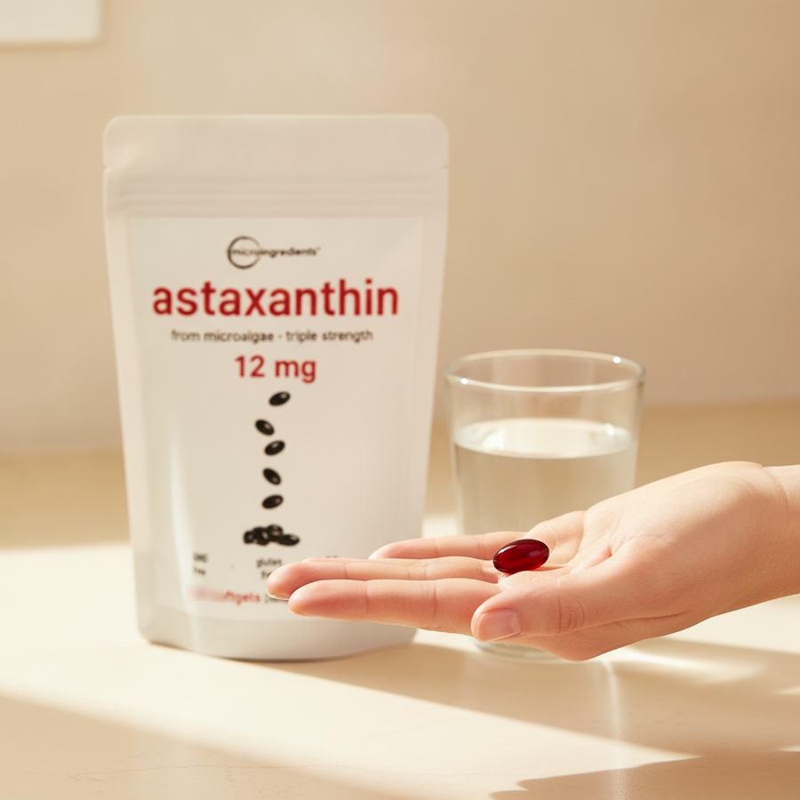 Una softgel roja de astaxantina en la palma de la mano
