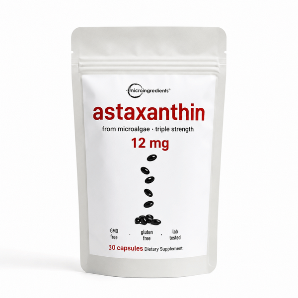 Astaxantina Premium 12 mg · El Antioxidante de la Piel Radiante · 30 Softgels