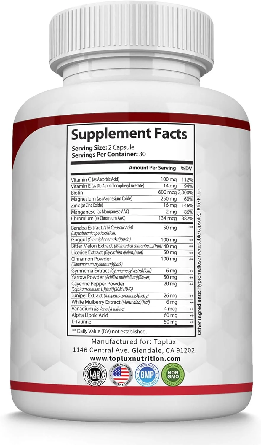 Tabla nutricional real del frasco: 2 capsulas por toma, 30 porciones, 20 ingredientes