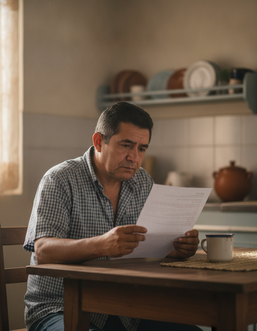 Hombre leyendo sus resultados de laboratorio en la cocina de su casa