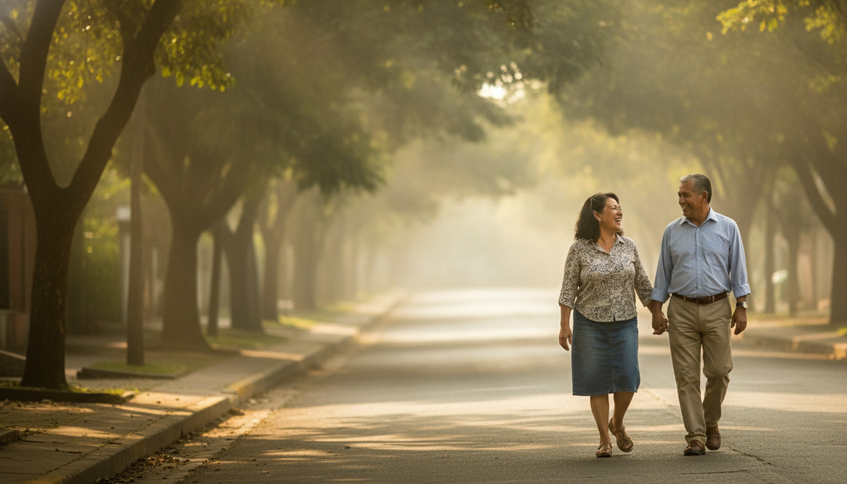Pareja caminando tranquila por su calle en la manana