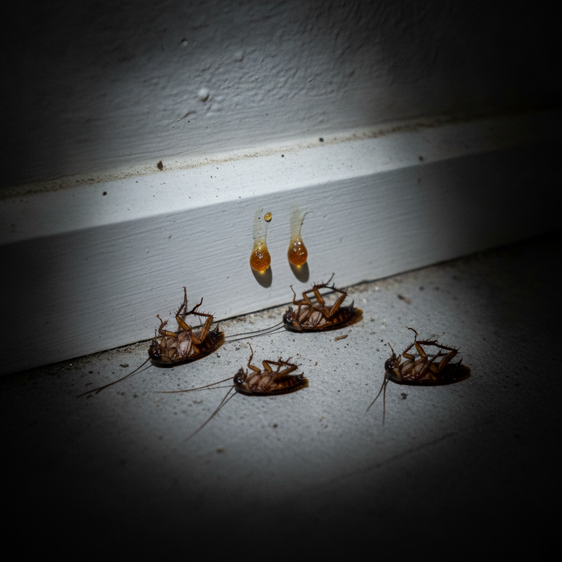 Cucarachas muertas junto a los puntos de gel, detrás de un mueble