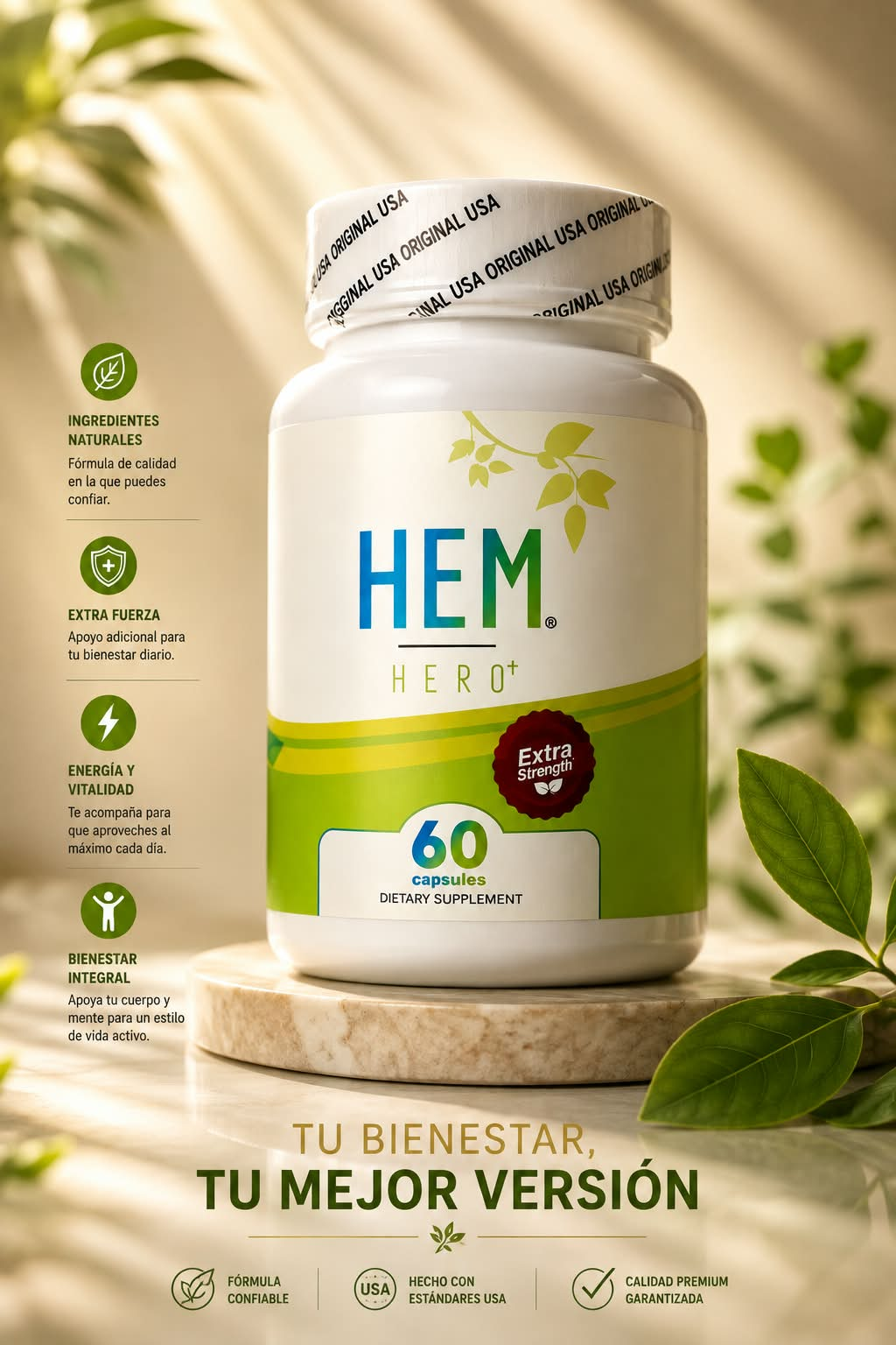 Frasco de Hem Hero sobre madera, entre plantas
