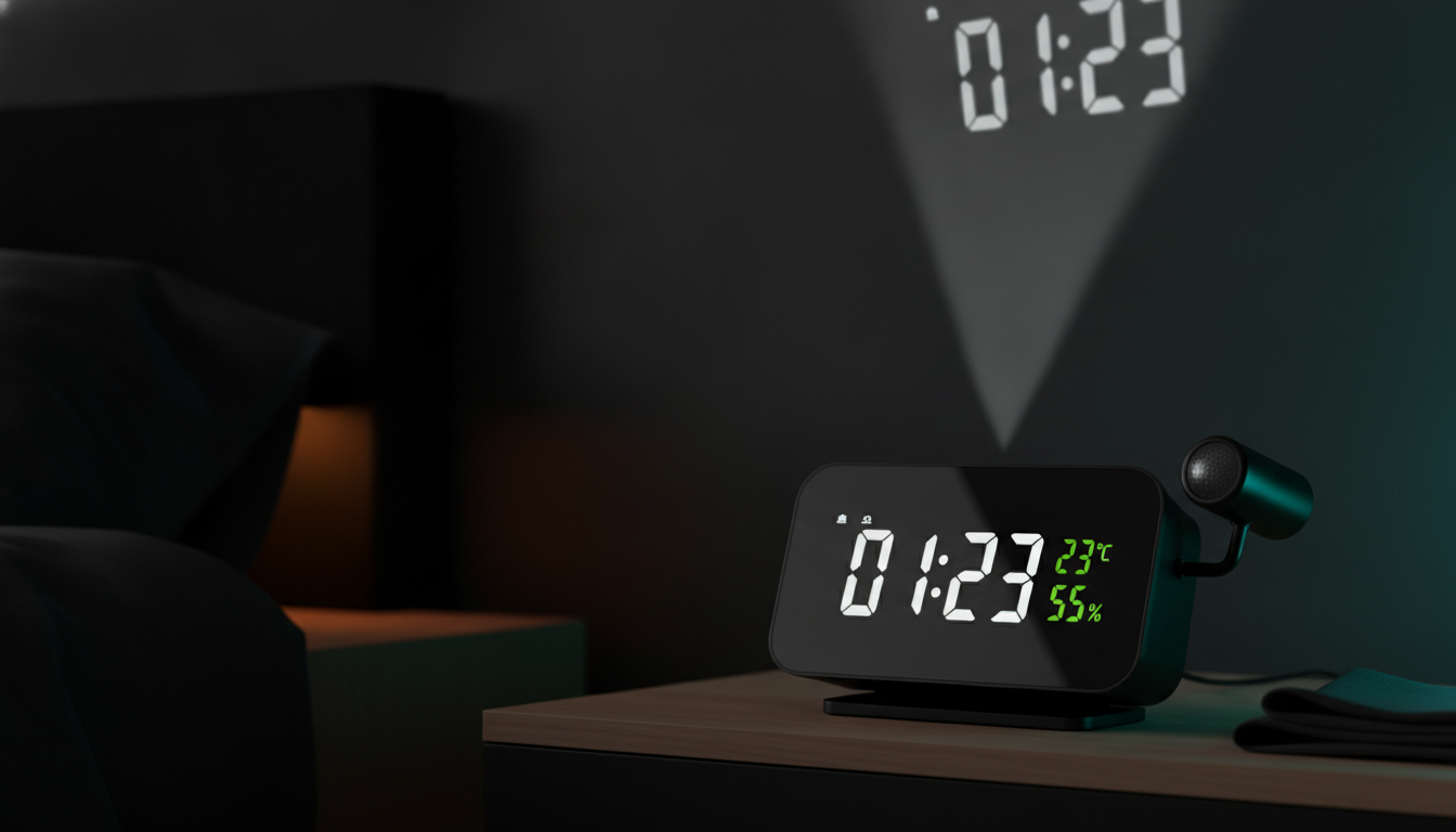 LumiClock proyectando la hora en el techo de un dormitorio a oscuras