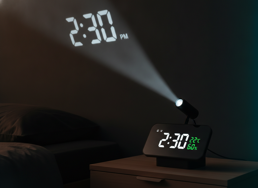 El haz del proyector del LumiClock cruzando el cuarto