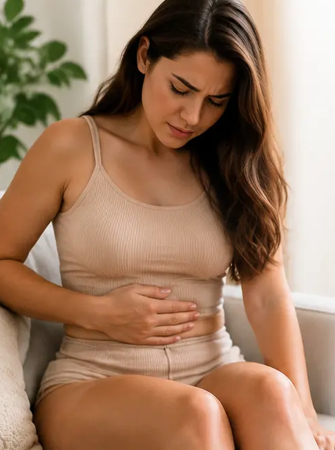 Mujer sentada con las manos sobre el vientre hinchado