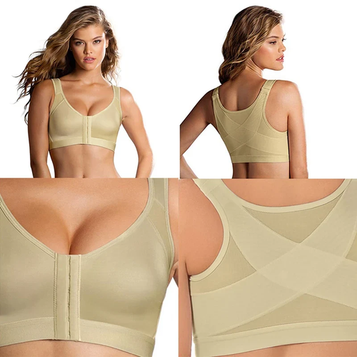 Brasier Abrazo beige en cuatro vistas: frente, espalda, cierre y cruz