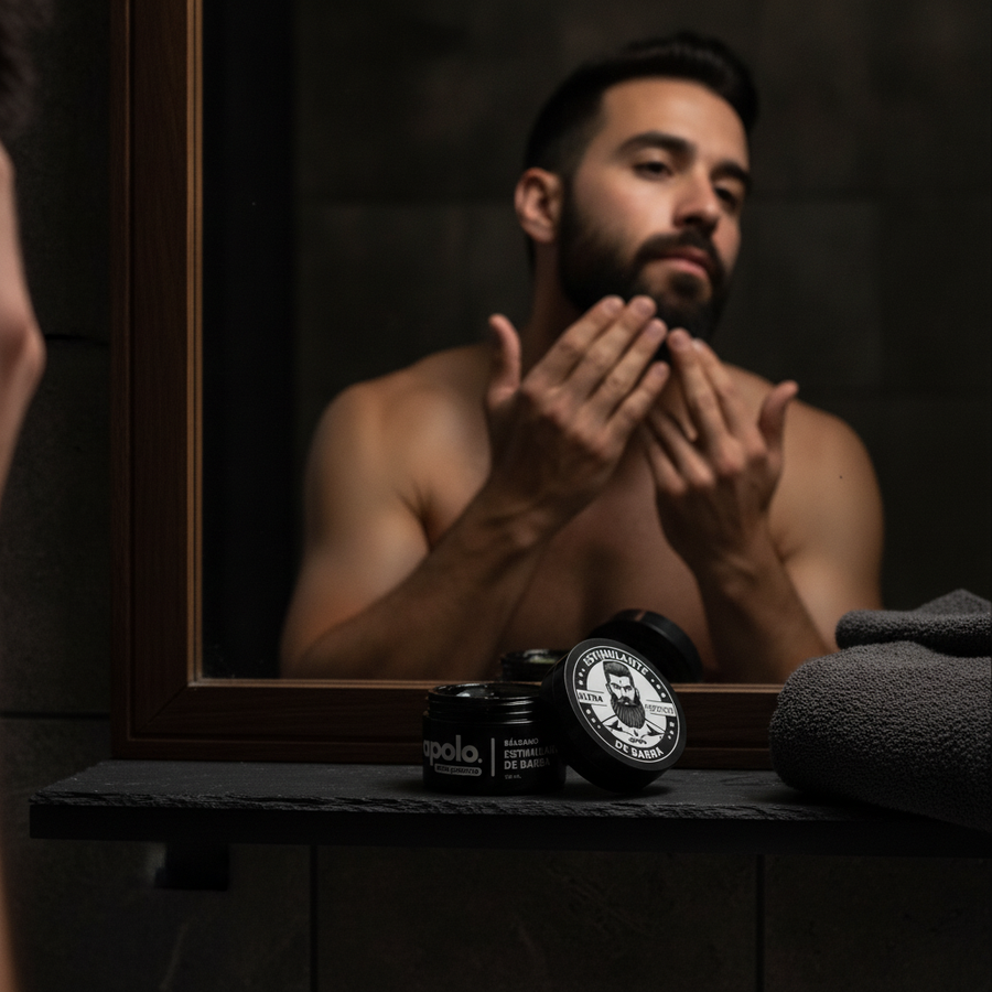 Hombre aplicandose el balsamo frente al espejo