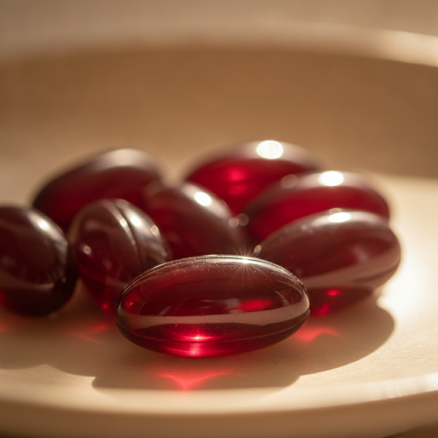 Softgels rojos de astaxantina en un plato de ceramica