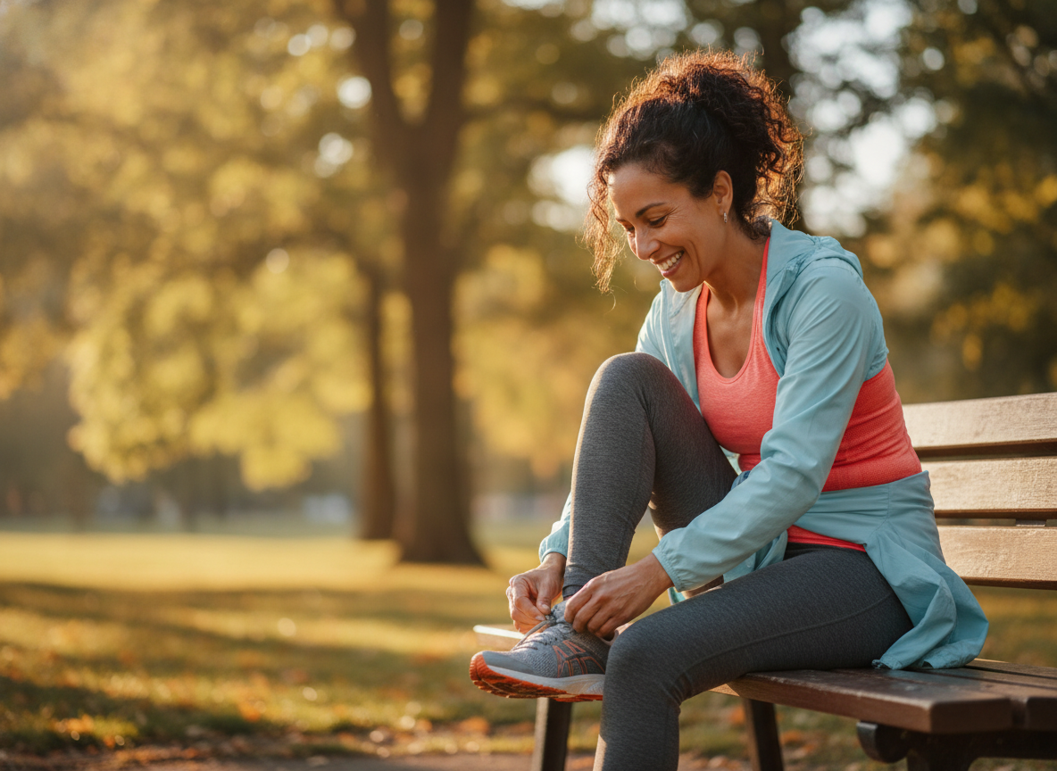 Mujer activa y con energia en el parque por la manana