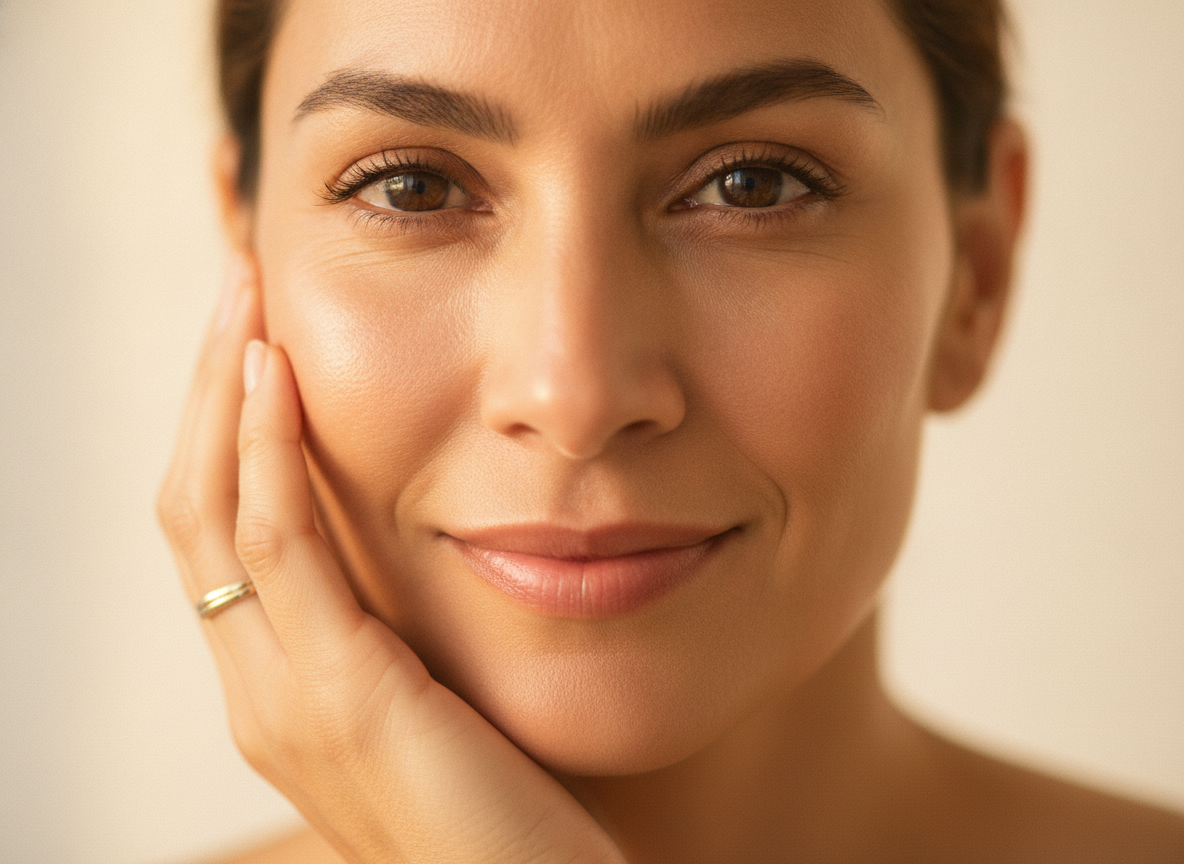 Piel luminosa e hidratada de una mujer sonriendo