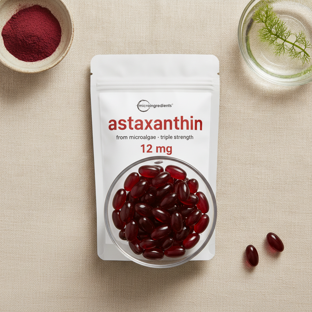 La bolsa con softgels rojos y polvo de microalga alrededor