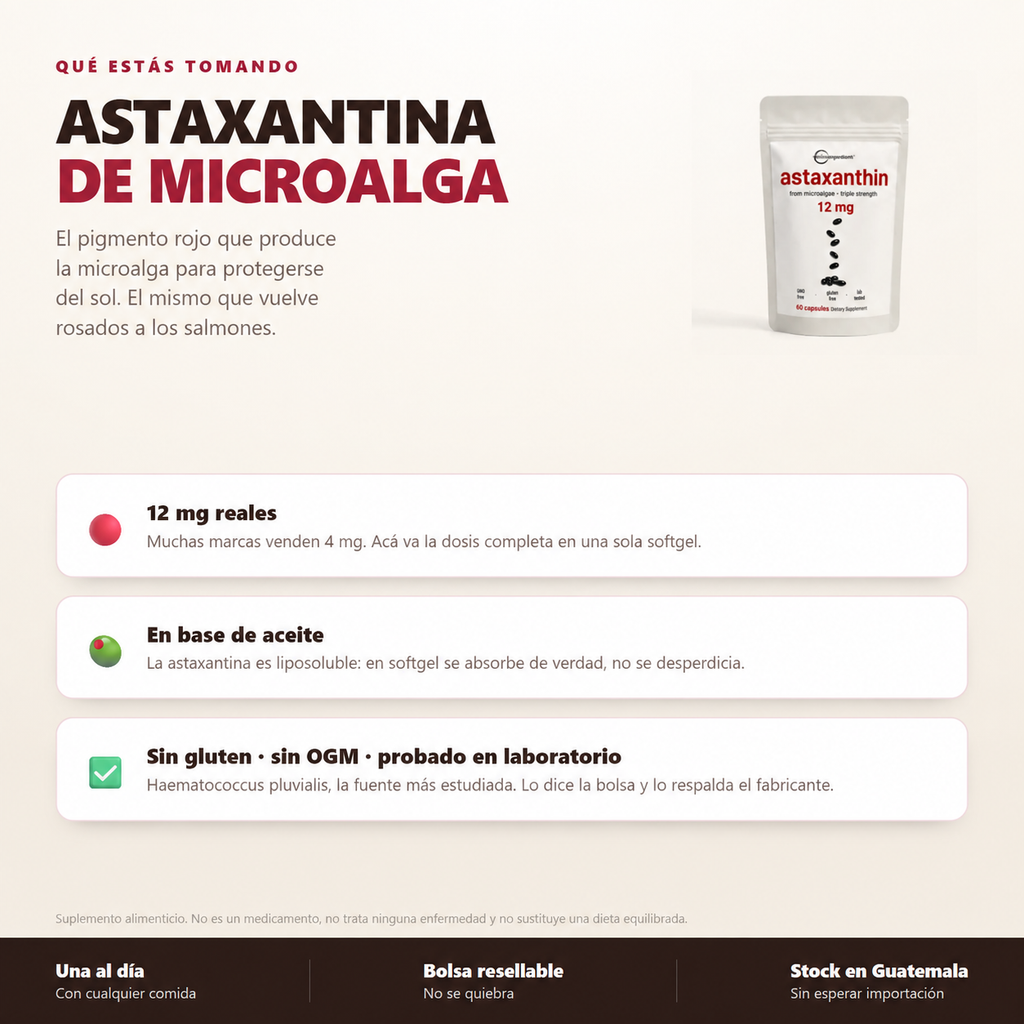 Astaxantina de microalga, 12 mg por cápsula, 60 cápsulas