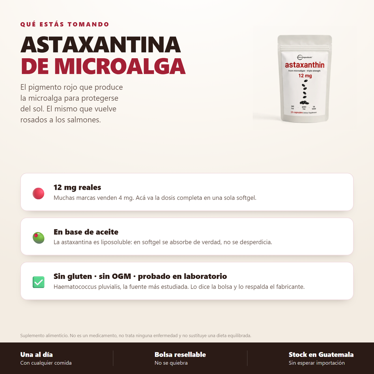 Astaxantina de microalga: 12 mg reales en base de aceite