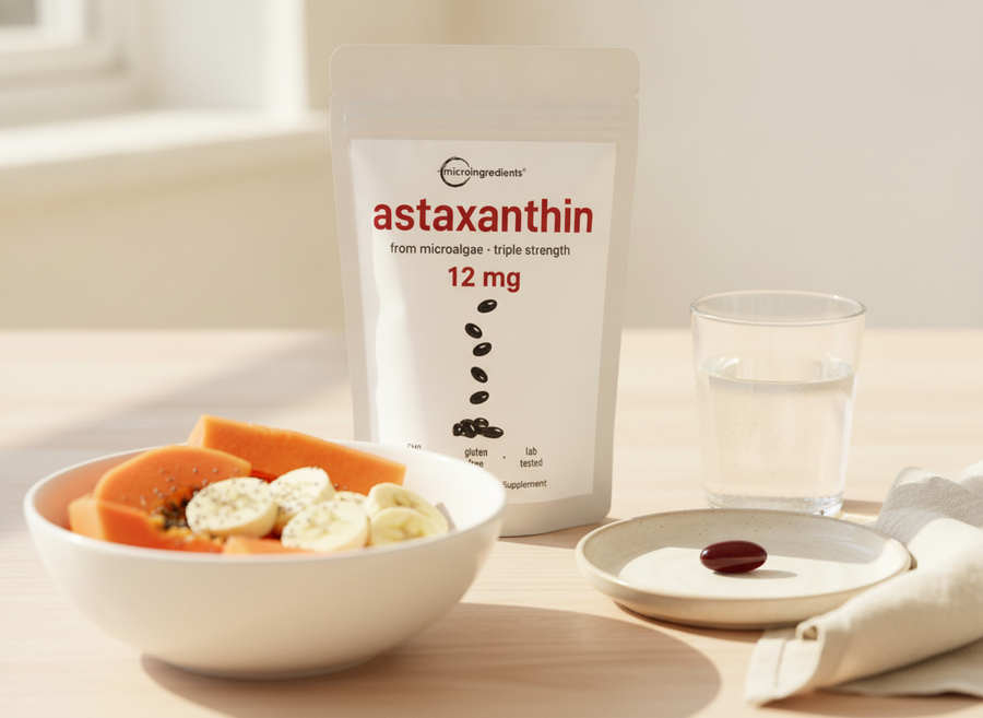 La bolsa de astaxantina en la mesa del desayuno