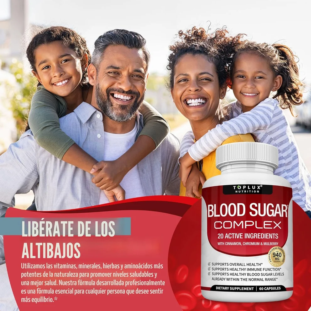 Liberate de los altibajos: familia sonriendo con el frasco de Blood Sugar Complex