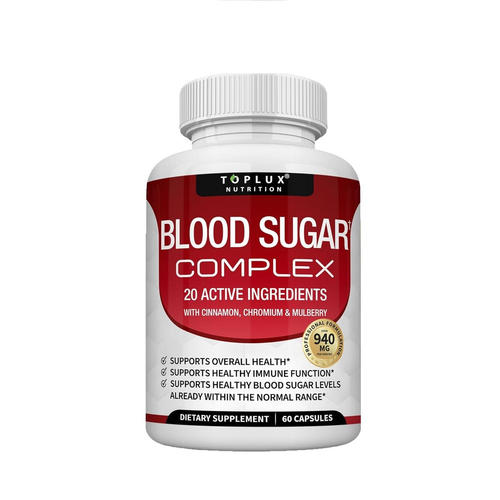 Frasco de Blood Sugar Complex Toplux, 60 cápsulas, etiqueta real