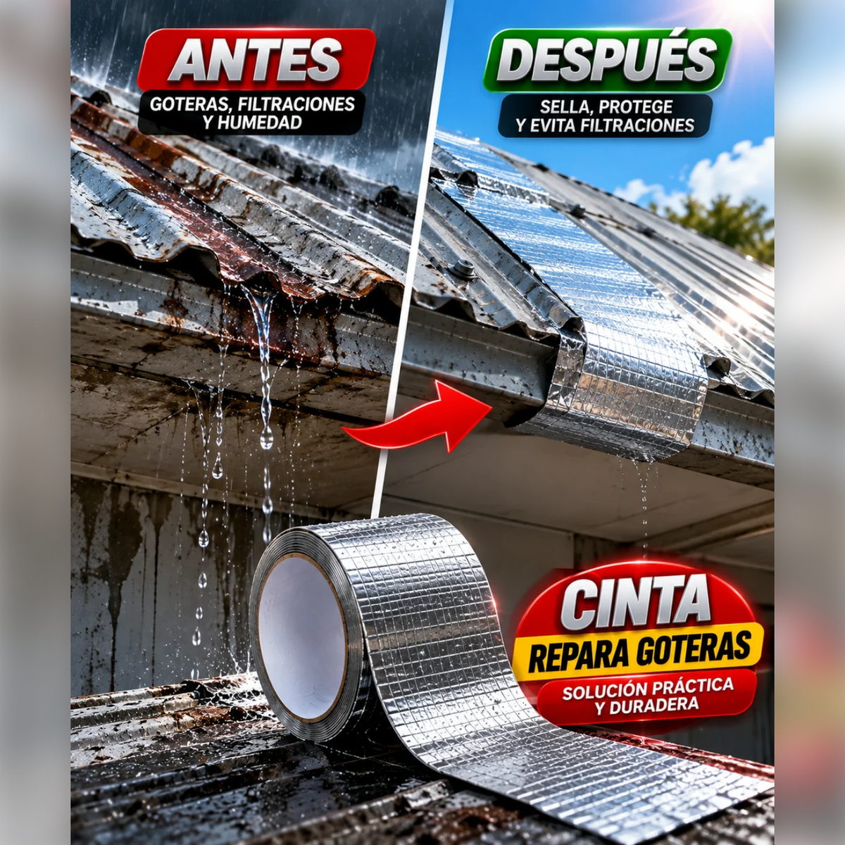 Antes y después: techo con goteras y techo sellado con la cinta