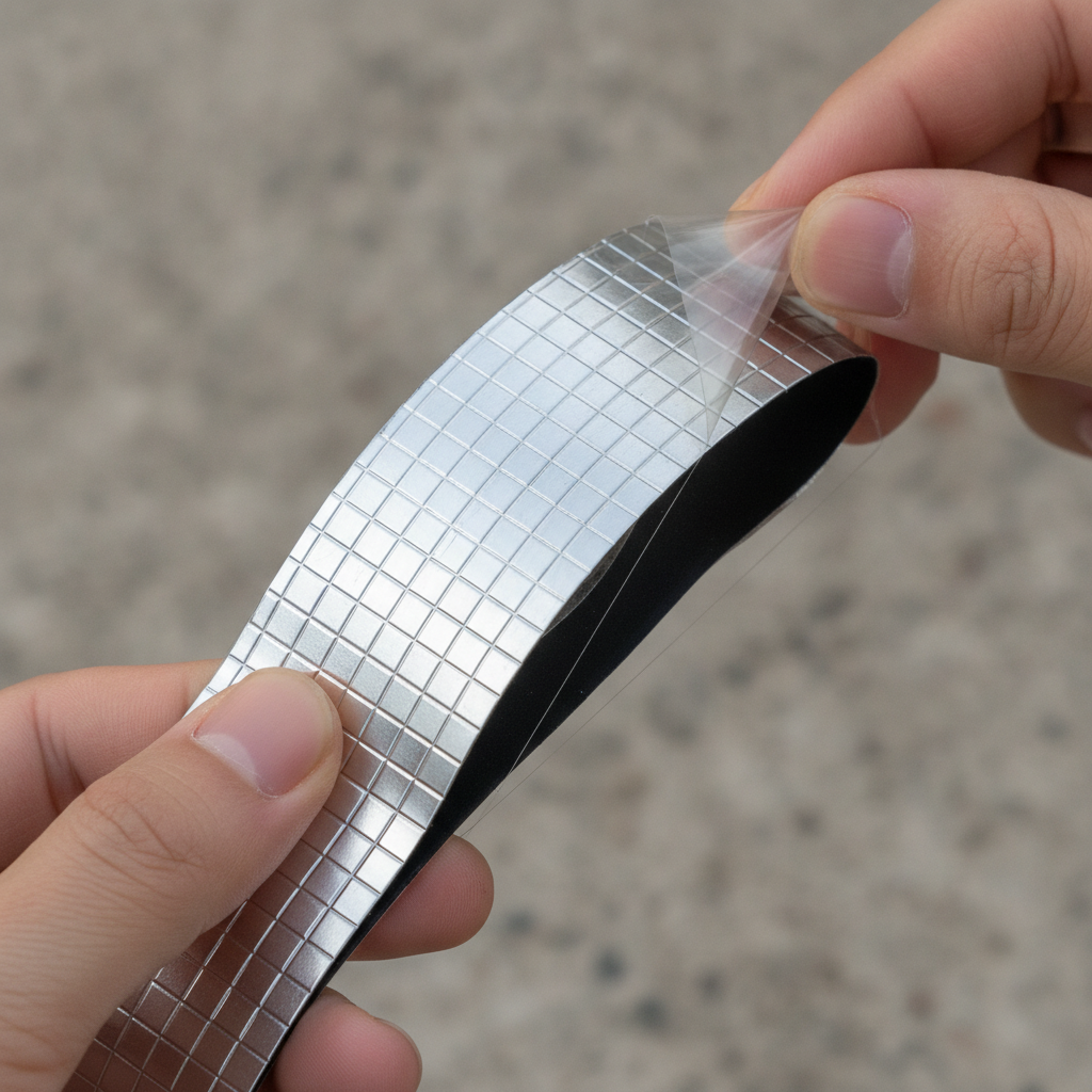Cinta mostrando la cara plateada de aluminio y el butilo negro de abajo