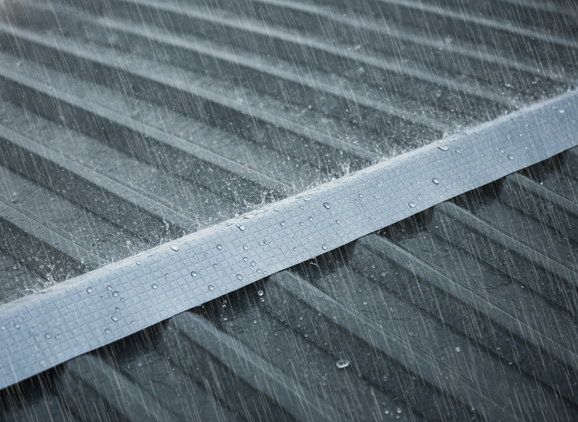 Lluvia fuerte cayendo sobre un techo con la junta sellada, el agua resbala