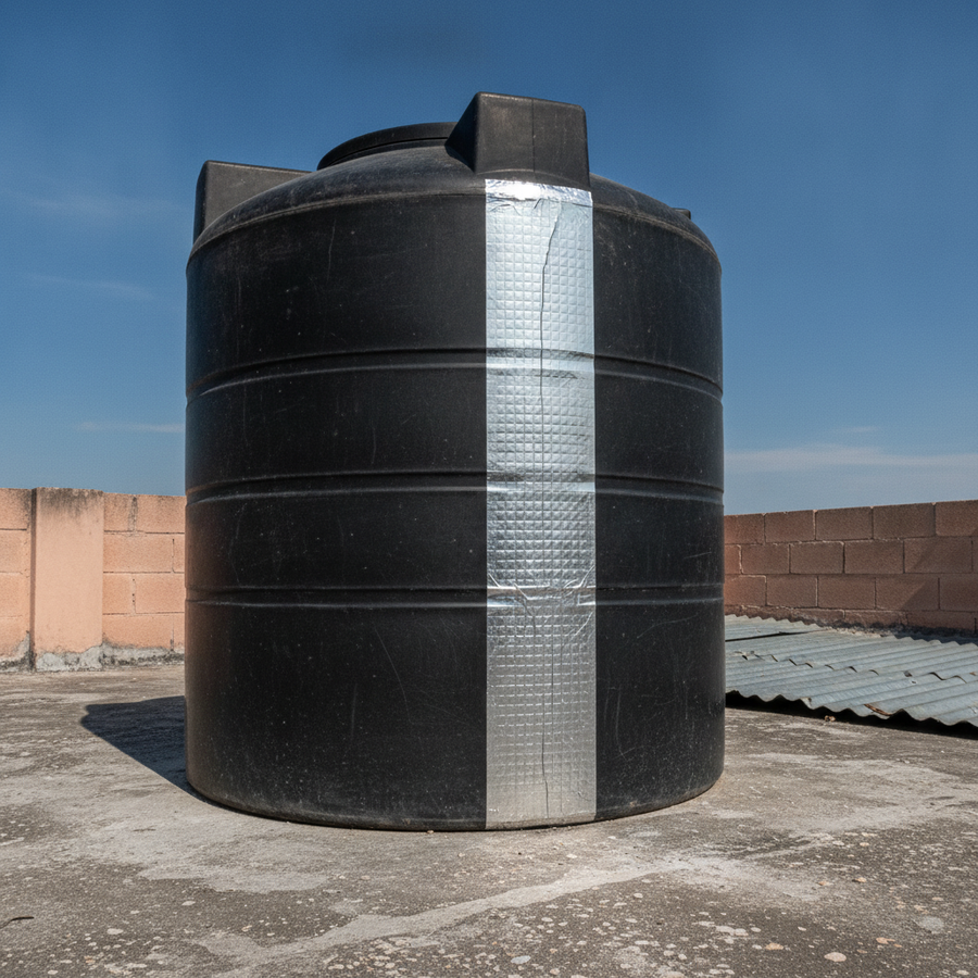 Tanque negro de agua con una fisura sellada con la cinta
