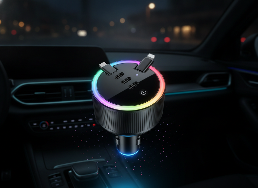 Cara superior del cargador: dos puertos y aro RGB