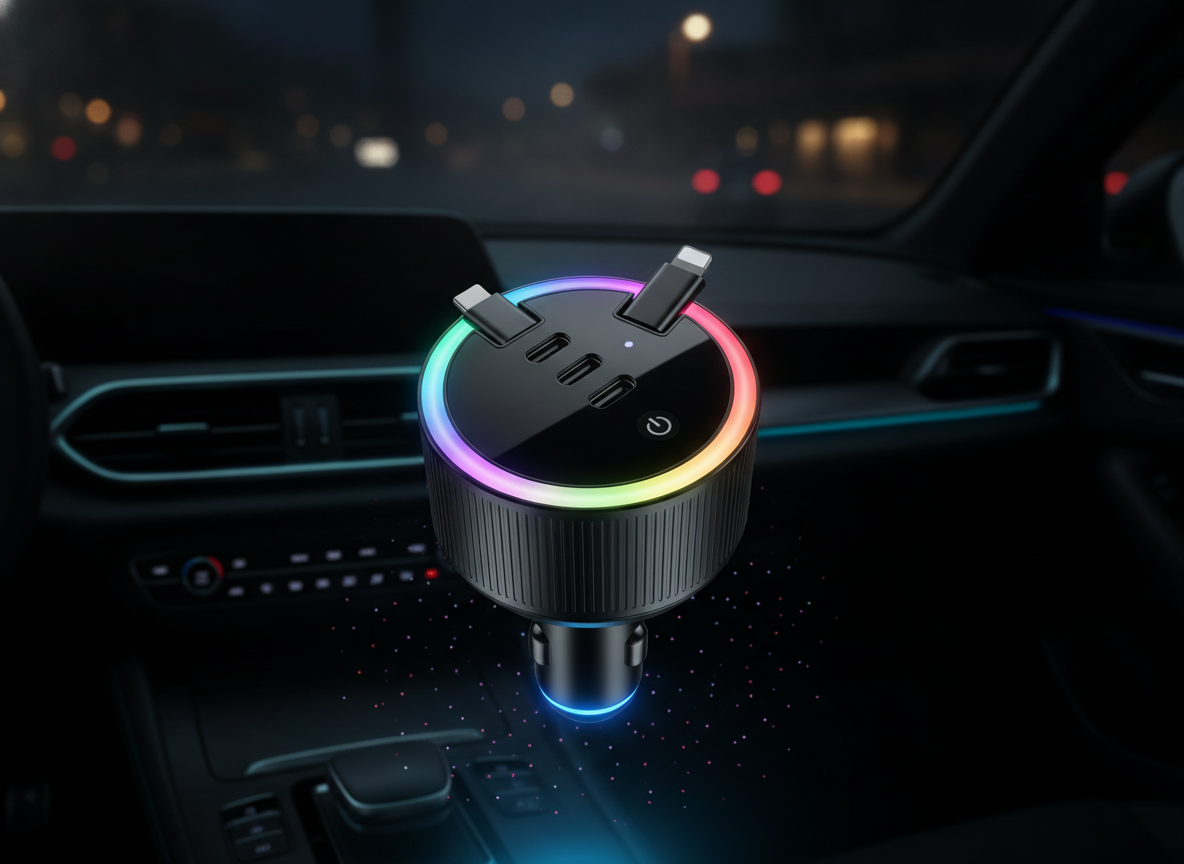 Cara superior del cargador: dos puertos y aro RGB