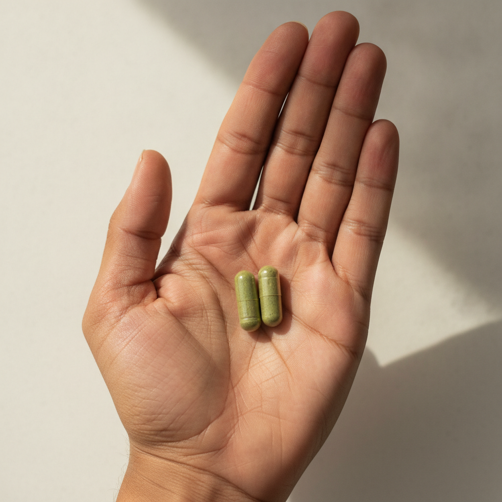 Dos cápsulas vegetales verdes en la palma de la mano