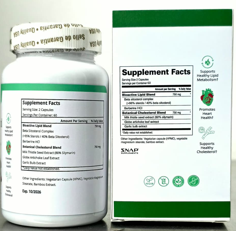 Tabla nutricional real del frasco y de la caja de Cholesterol Health