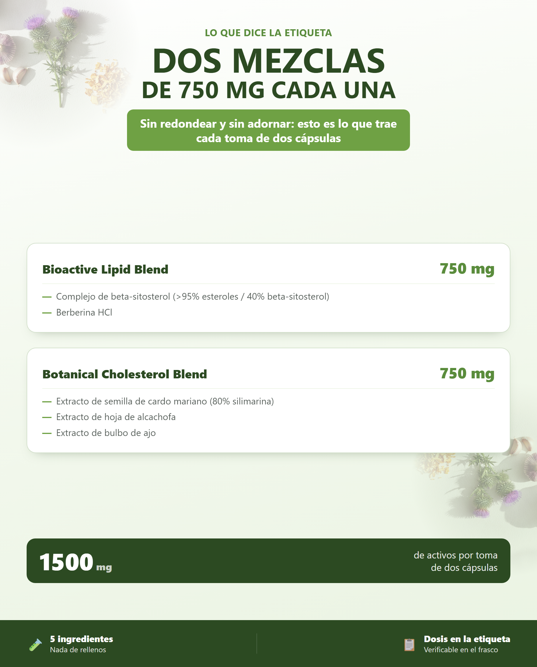 Dos mezclas de 750 mg cada una: 1500 mg de activos por toma