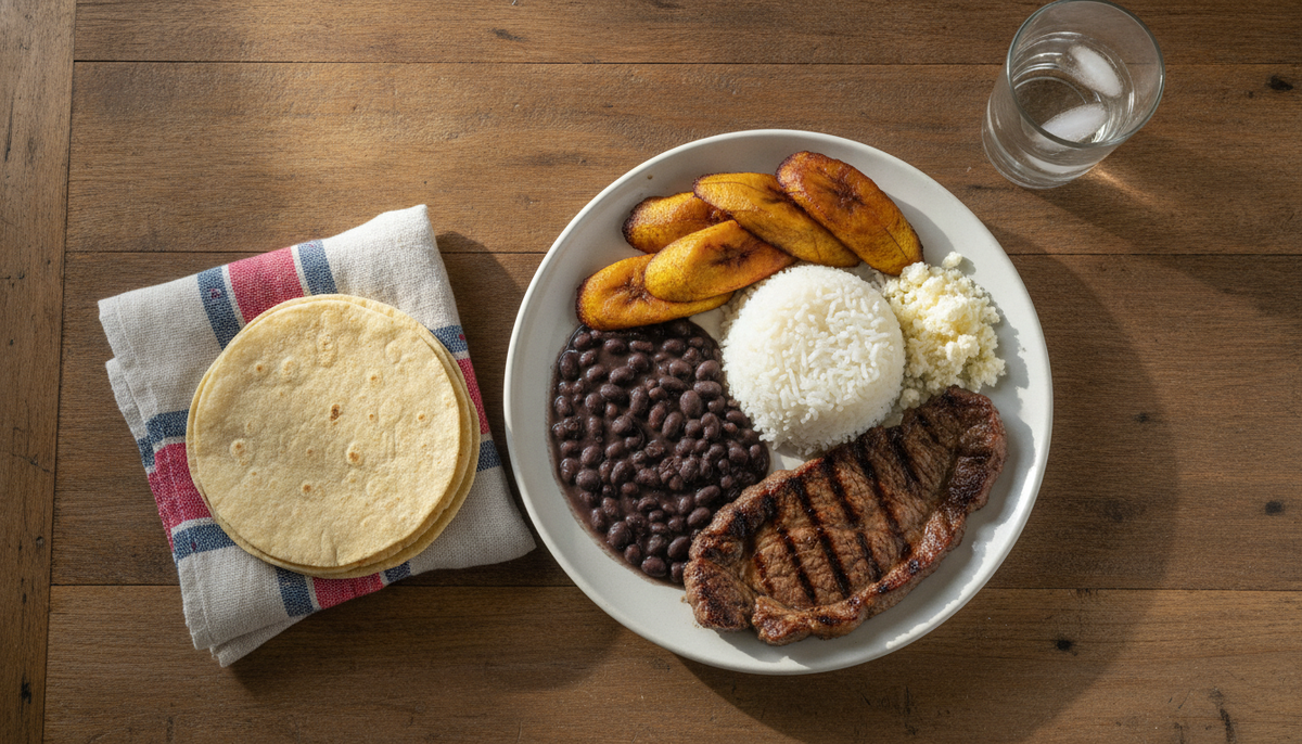 Almuerzo guatemalteco con carne asada, frijol, arroz, platano y queso