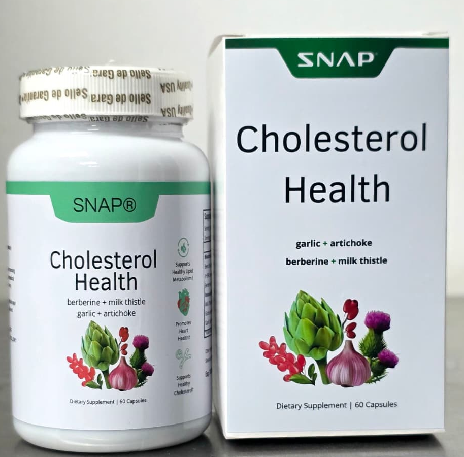 Frasco y caja reales de SNAP Cholesterol Health de 60 cápsulas