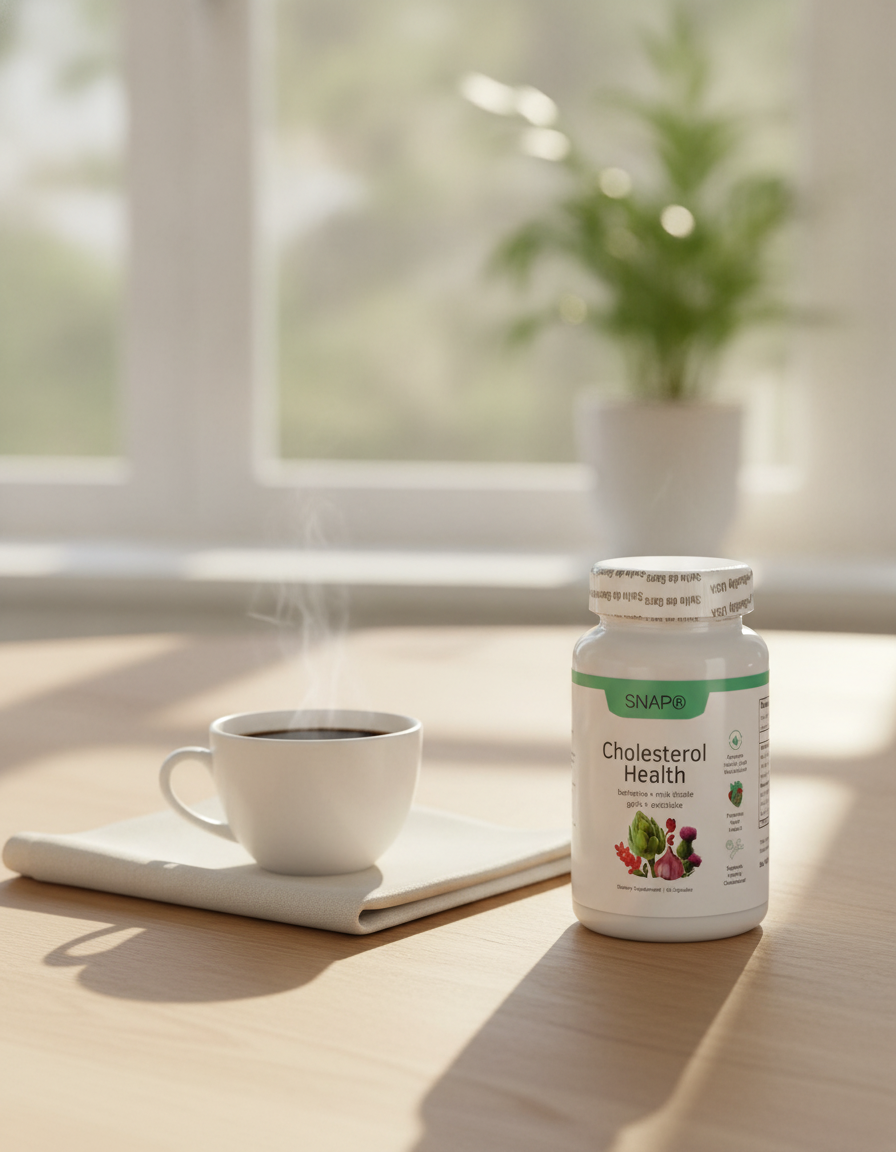 El frasco de Cholesterol Health sobre la mesa del desayuno con una taza de cafe