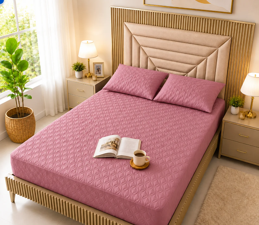 Protector de colchón rosado puesto en una cama
