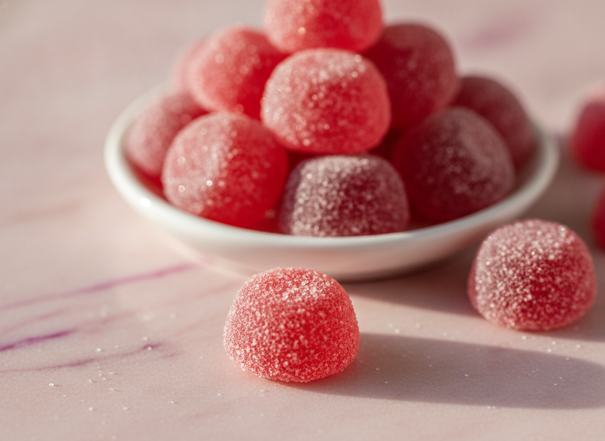 Gomitas rojas de frutos rojos en un plato