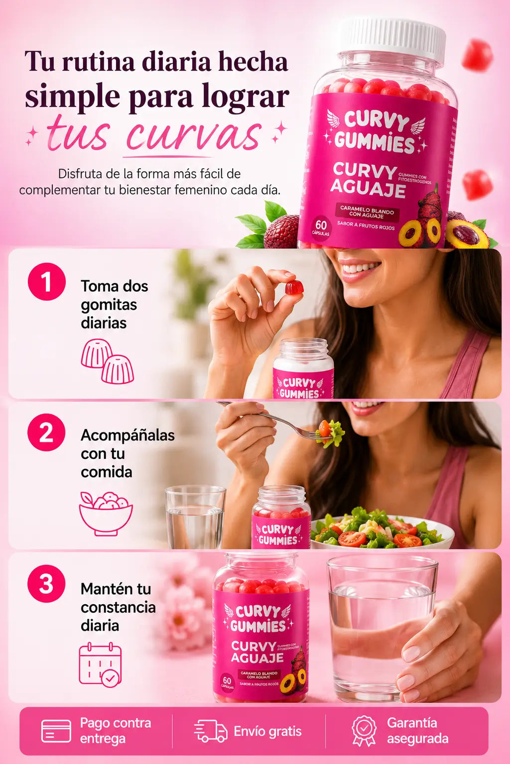 Tu rutina diaria en tres pasos: dos gomitas, con tu comida, con constancia