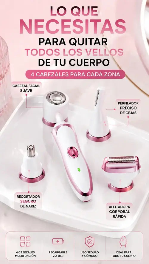 Los cuatro cabezales señalados: facial suave, perfilador de cejas, recortador de nariz y afeitadora corporal