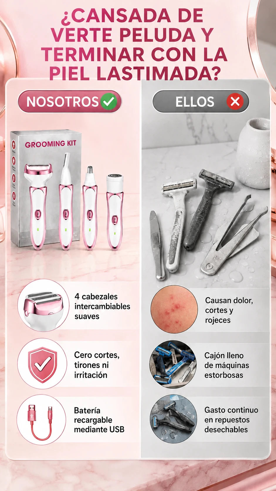 Cuatro cabezales suaves frente a rastrillos y cera