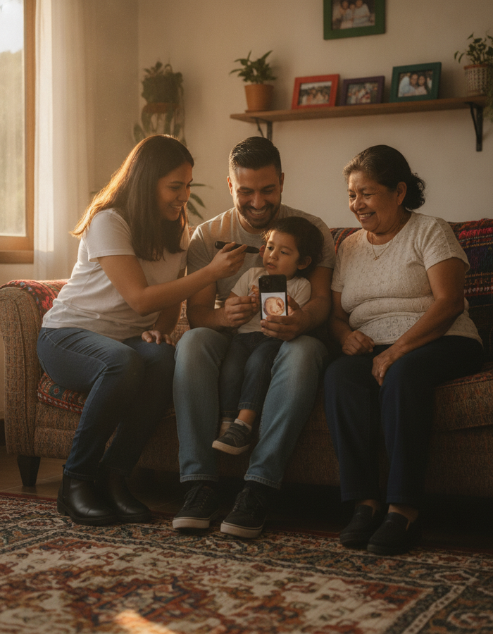 Familia guatemalteca usando juntos el limpiador de oídos con cámara