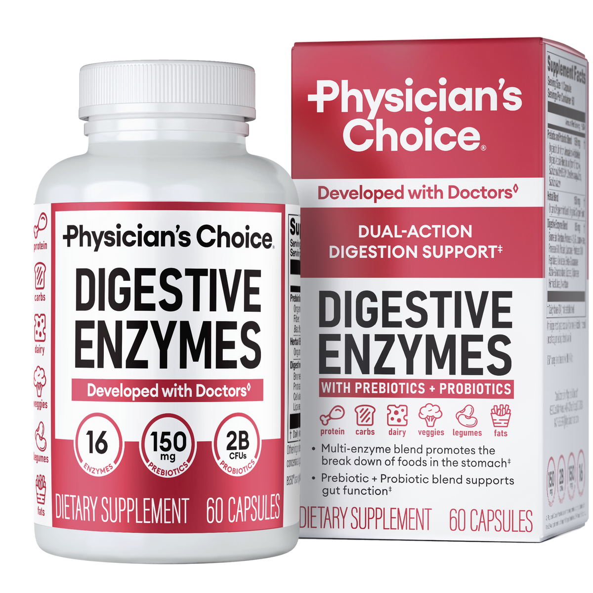 Frasco y caja de Physicians Choice Digestive Enzymes de 60 capsulas