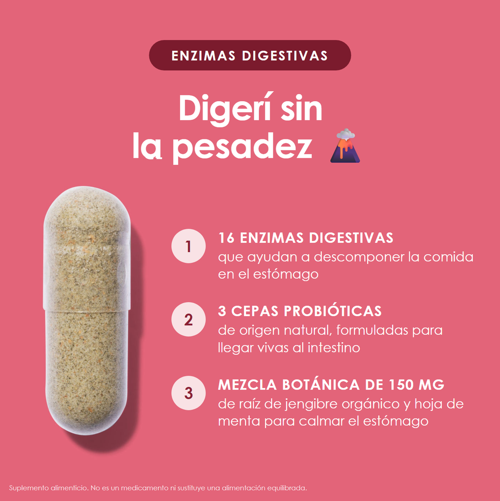 16 enzimas digestivas, 3 cepas probióticas y mezcla botánica de 150 mg