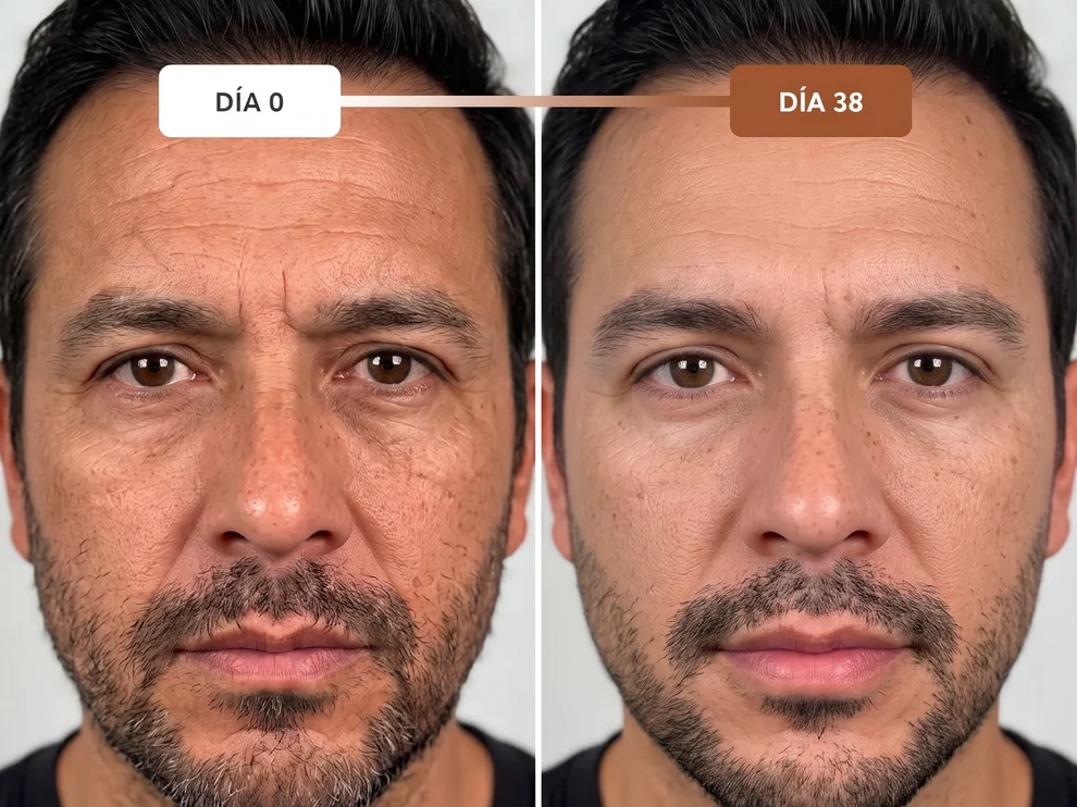 Comparación del rostro de un hombre al día 0 y al día 38 de uso