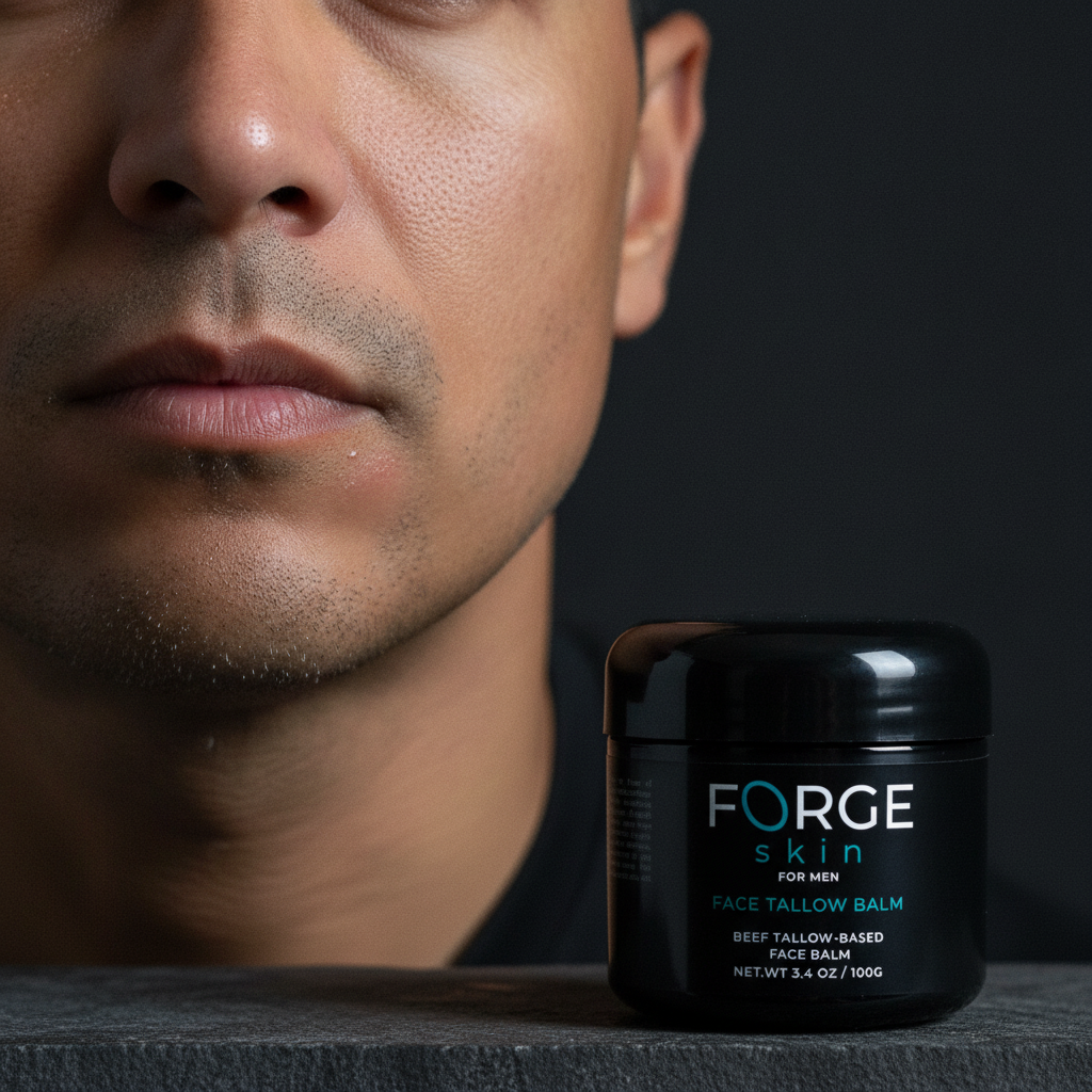 Rostro de hombre recién afeitado junto al frasco de Forge Skin
