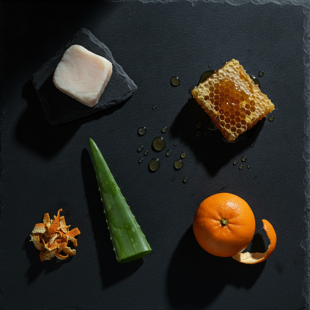Los ingredientes de Forge Skin sobre pizarra: sebo, aloe, panal de miel, mandarina y glicerina