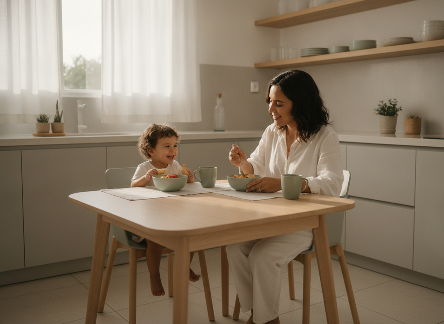 Familia desayunando en una cocina limpia
