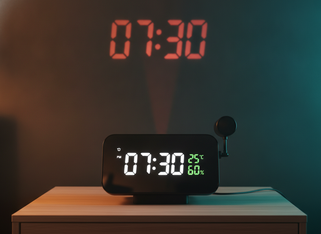 LumiClock de frente con la pantalla espejo encendida