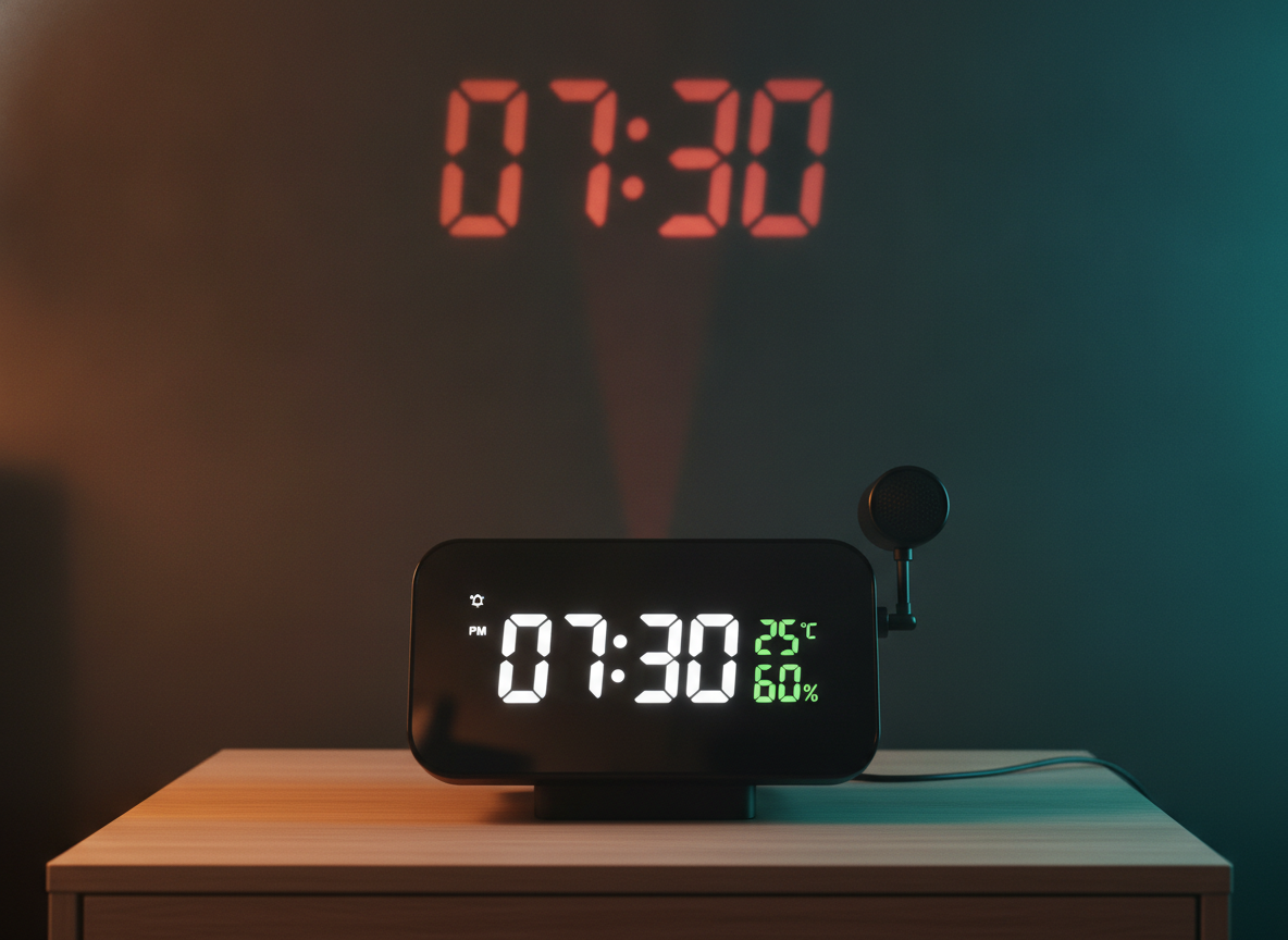 LumiClock de frente con la pantalla espejo encendida