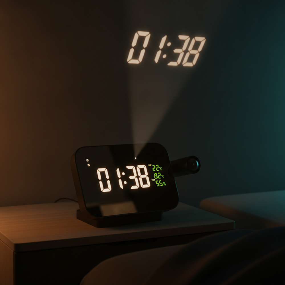 LumiClock con el brillo al mínimo en un cuarto oscuro