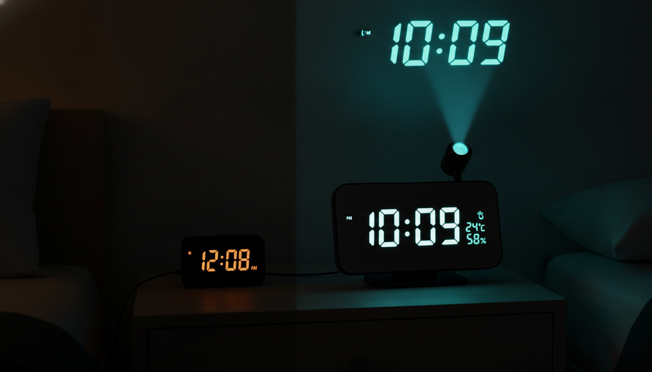 Un despertador corriente junto al LumiClock en la misma mesa de noche